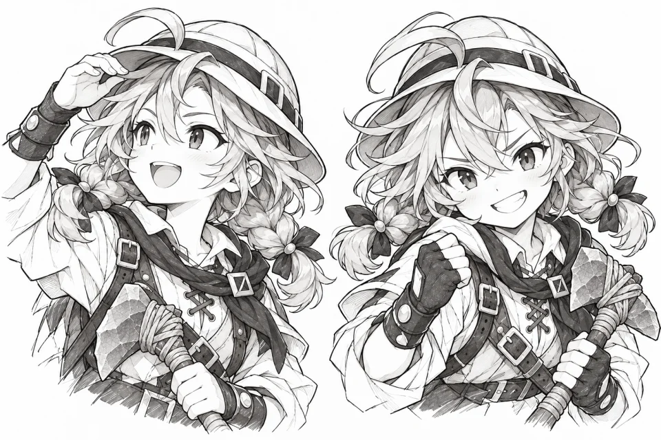 探検帽と石斧を持つセナの白黒制作ラフ。帽子に手を添えた姿と、斧を肩にかけた姿