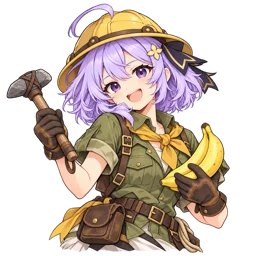 紫の髪と黒いリボンのノカが黄色い探検帽と緑の作業服でバナナと小さな石ハンマーを持つ姿（サイトの案内役）
