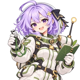 紫の髪と黒いリボンのノカが白と緑の探索服で笛と葉形の手帳を持つ姿（サイトの案内役）
