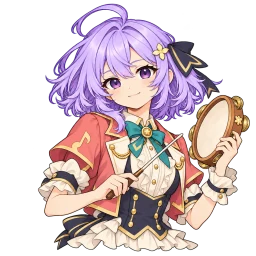 紫の髪と黒いリボンのノカがサンゴ色の演奏衣装でタンバリンと指揮棒を持つ姿（サイトの案内役）