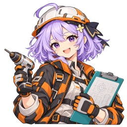 紫の髪と黒いリボンのノカが白い作業帽とオレンジの作業服で小さなドリルと点検ボードを持つ姿（サイトの案内役）